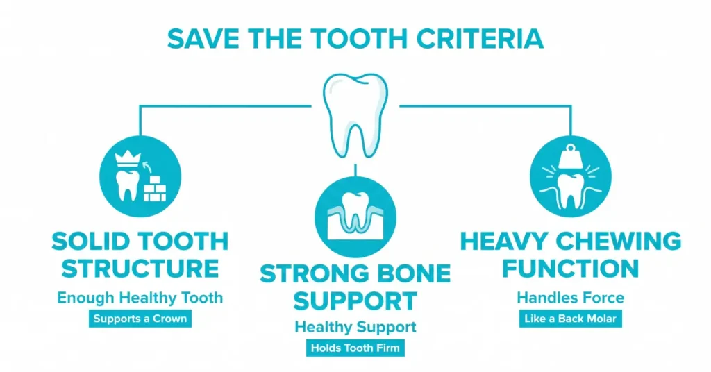 Infographic comparing root canal vs extraction decision factors for saving a natural tooth.