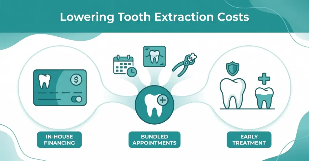 An infographic illustrating three practical methods to manage and lower your tooth extraction cost in Fort Myers