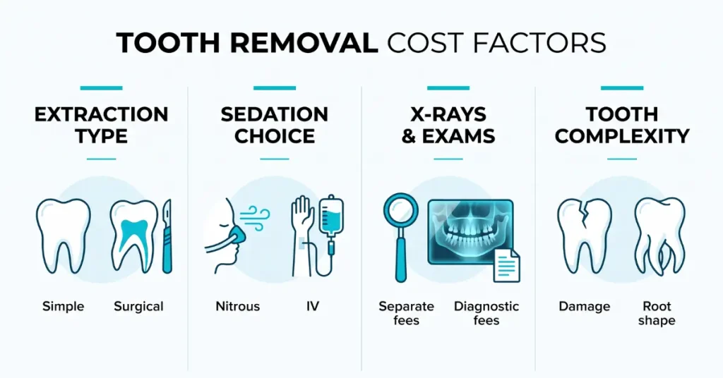 A dental infographic outlining four key factors that influence your tooth extraction cost in Fort Myers