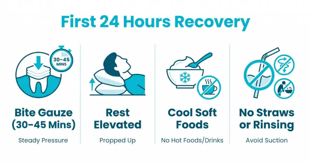 An infographic illustrating essential tooth extraction aftercare instructions for the first 24 hours of recovery